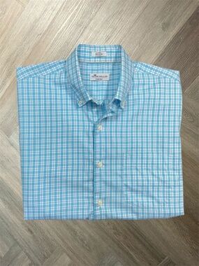 Peter‎ Millar Crown Ease Plaid Short Sleeve Button Down Shirt Mens Large Blue